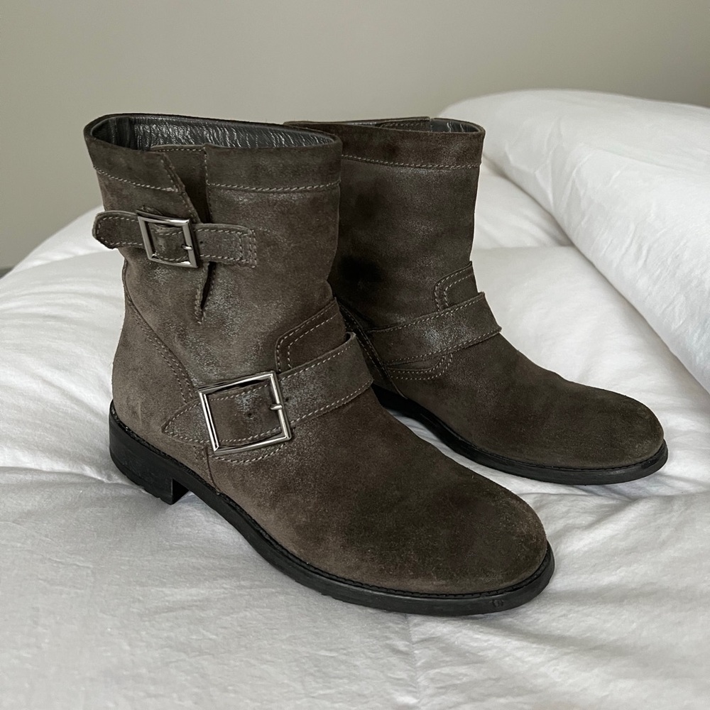 JIMMY CHOO Shimmer Suede Moto Boot